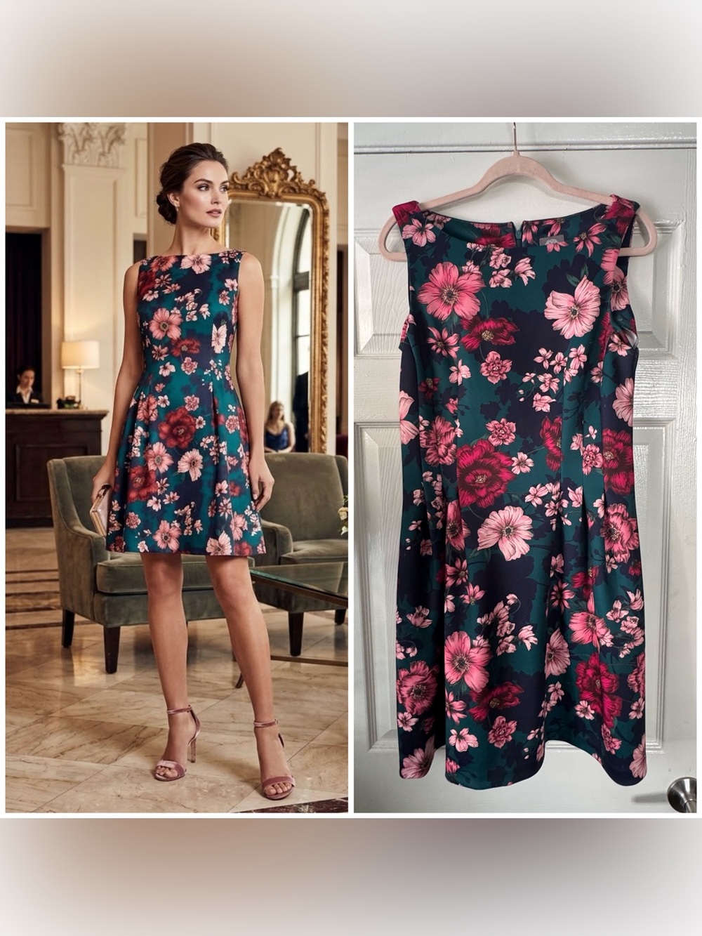 Vince Camuto Teal Dress with Pink Floral Print, Fit and Flare, Size 12
